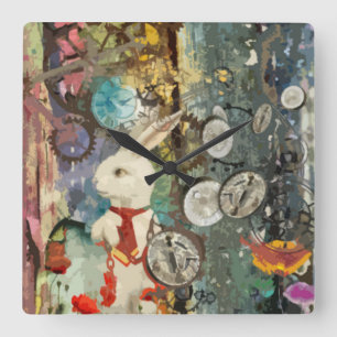 Cute steampunk Alice Wonderland white rabbit Square Wall Clock