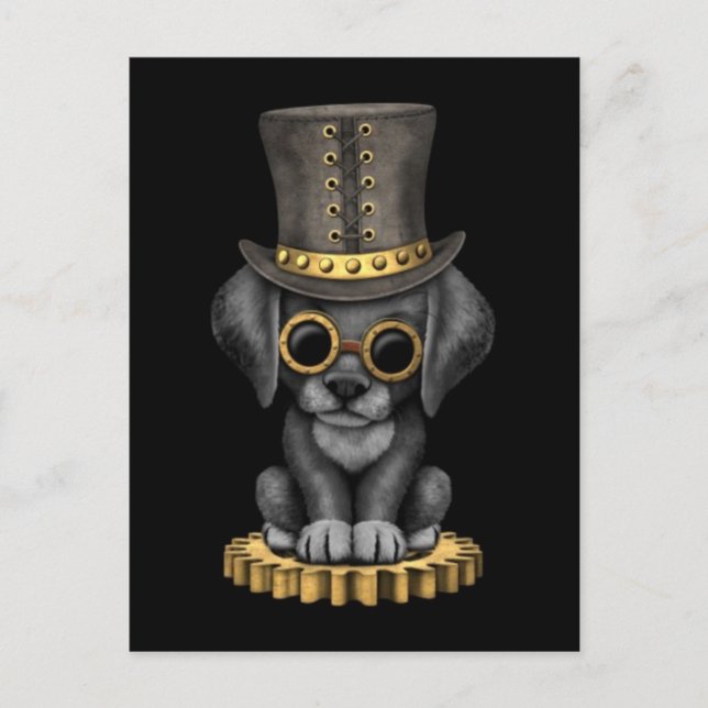 Cute Steampunk Black Lab Puppy Dog, black Postcard (Front)