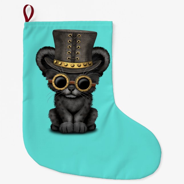 Cute Steampunk Black Panther Cub Large Christmas Stocking (Front)