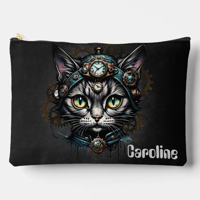 Cute steampunk cat with clocks and gears.  accessory pouch (Front)