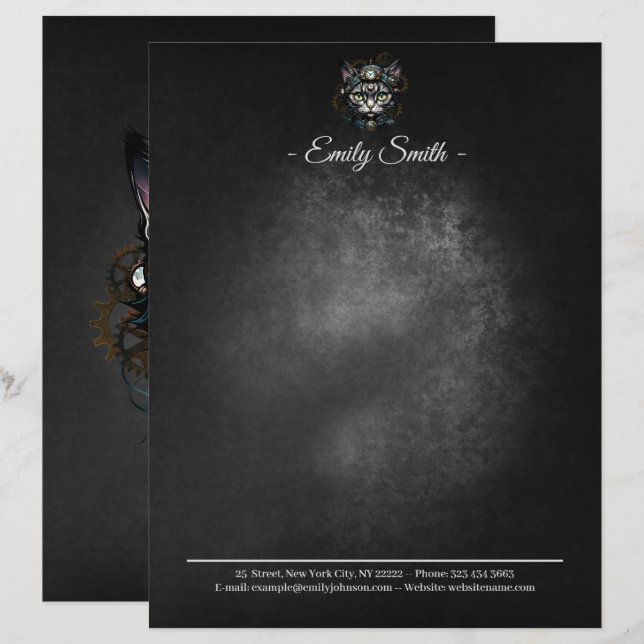 Cute steampunk cat with clocks and gears.  custom letterhead (Front/Back)