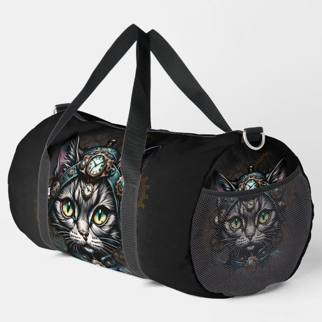 Cute steampunk cat with clocks and gears.  duffle bag (Right Corner)