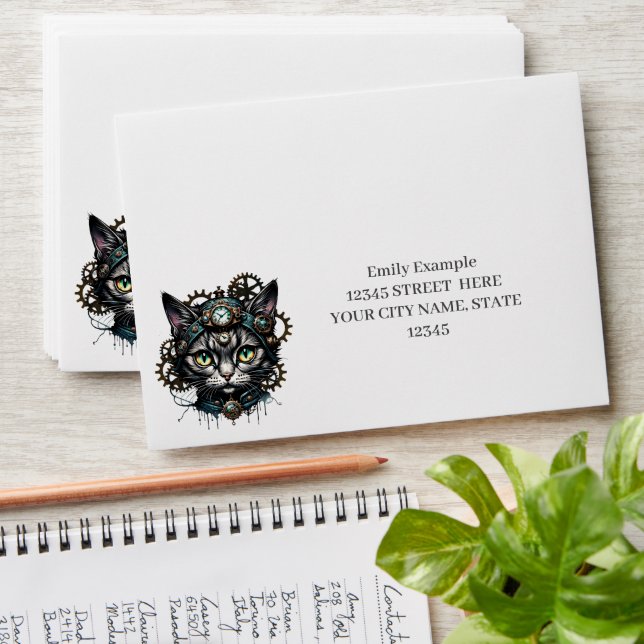 Cute steampunk cat with clocks and gears. envelope (Stacked)