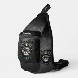 Cute steampunk cat with clocks and gears.  sling bag