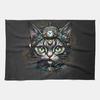 Cute steampunk cat with clocks and gears.  tea towel