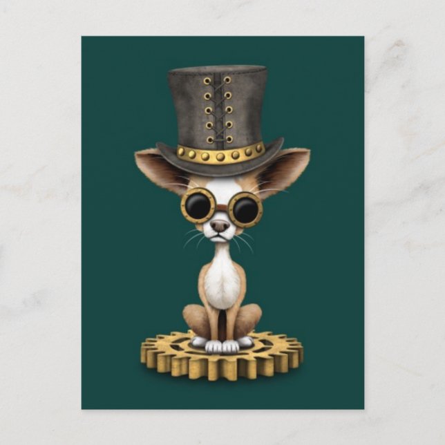 Cute Steampunk Chihuahua Puppy Dog, teal Postcard (Front)