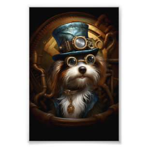 Cute Steampunk Dog In Hat & Goggles Faux Ink 033 Photo Print