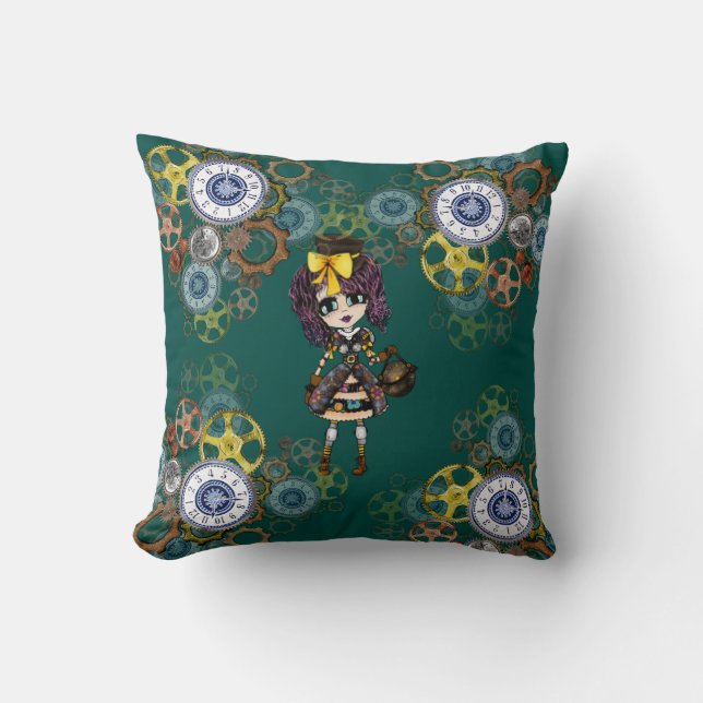 Cute Steampunk Girl Pinky Kawaii Chibi by LeahG Cushion (Front)