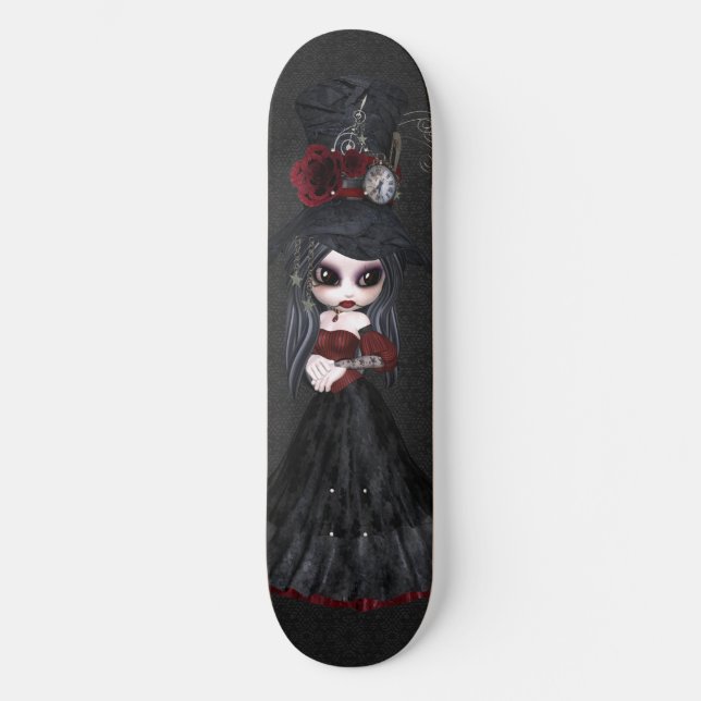 Cute Steampunk Goth Girl Black Skateboard (Front)