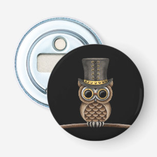 Cute Steampunk Owl on a Branch on Black Bottle Opener