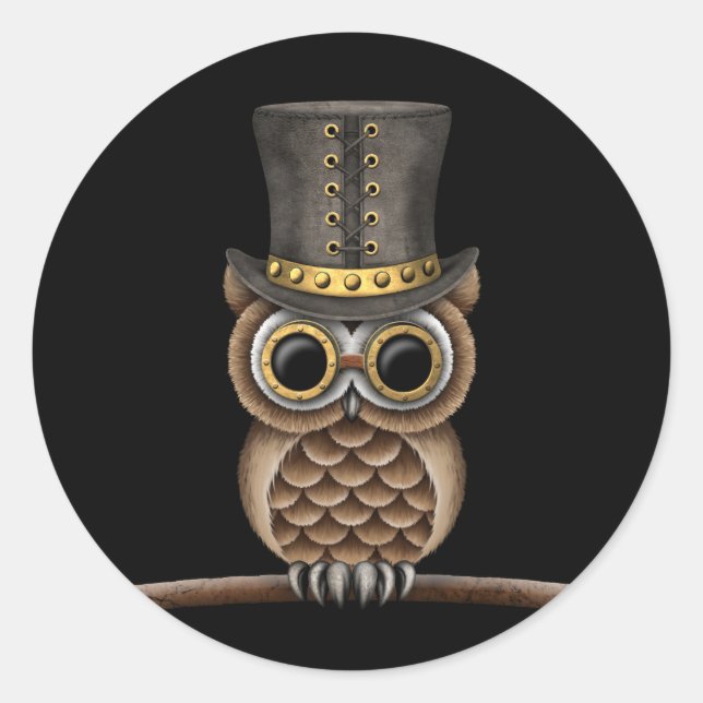 Cute Steampunk Owl on a Branch on Black Classic Round Sticker (Front)