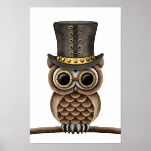Cute Steampunk Owl on a Branch on White Poster