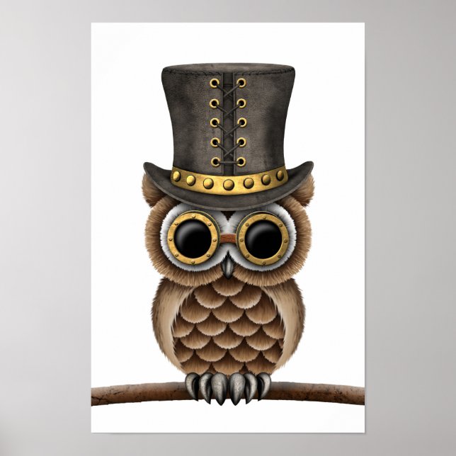 Cute Steampunk Owl on a Branch on White Poster (Front)