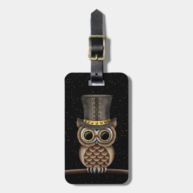 Cute Steampunk Owl on a Branch with Stars Luggage Tag (Front Vertical)