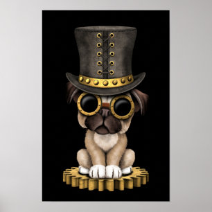 Cute Steampunk Pug Puppy Dog, black Poster