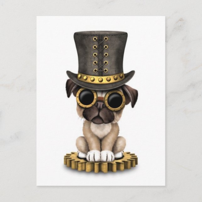 Cute Steampunk Pug Puppy Dog, white Postcard (Front)
