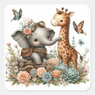 Cute Steampunk Style Baby Animals and Flowers Square Sticker