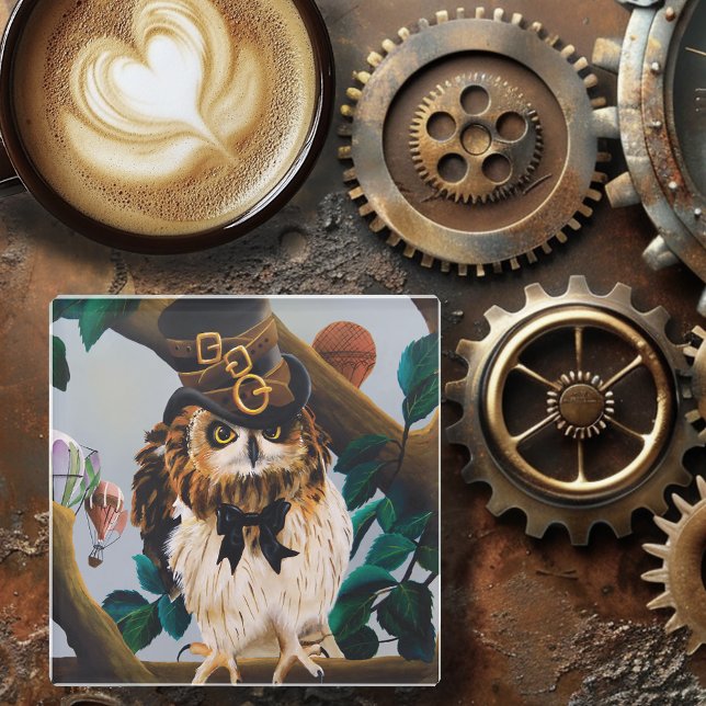Cute Steampunk top Hat Owl Glass Coaster (Creator Uploaded)