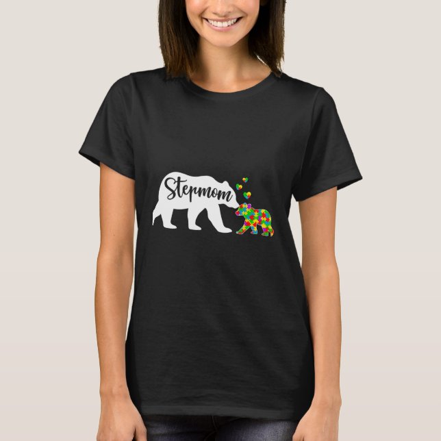 Cute Stepmom Bear Autism Awareness Family Support  T-Shirt (Front)