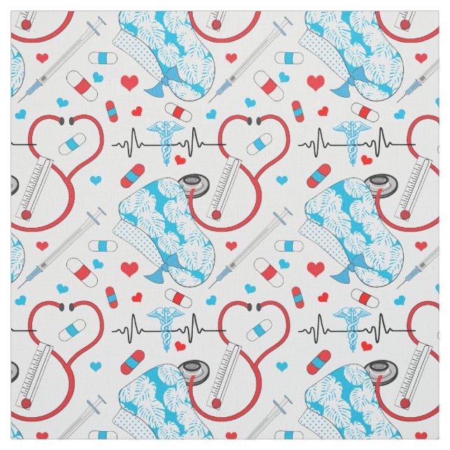 Cute Stethoscope Nurse | Doctor EKG Pattern Fabric (Swatch)