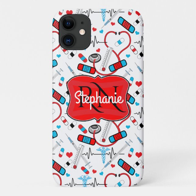 Cute Stethoscope Nurse | Doctor EKG Pattern Name Case-Mate iPhone Case (Back)