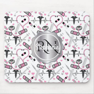 Cute Stethoscope Nurse   Doctor EKG Pattern Name Mouse Pad