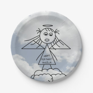Cute Stick Angel on Clouds Personalised Birthday Paper Plate