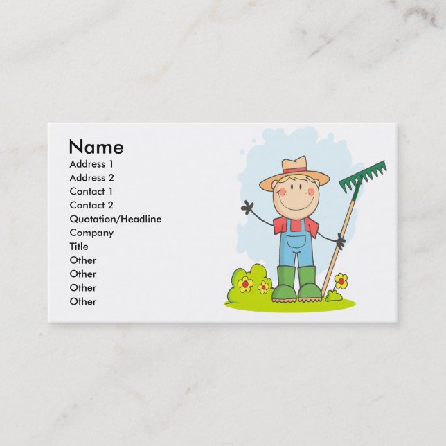 cute stick figure boy gardener farmer business card (Front)