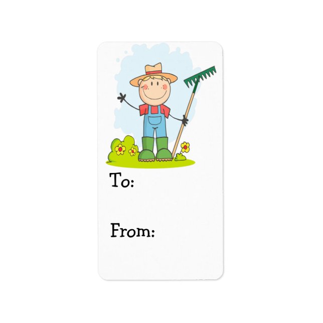 cute stick figure boy gardener farmer label (Front)