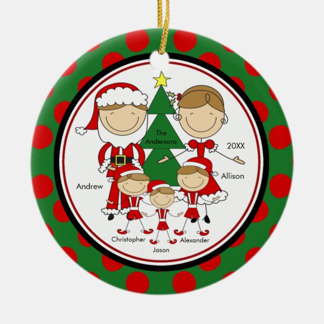 Cute Stick Figure Family of 5 Christmas Ornament (Front)
