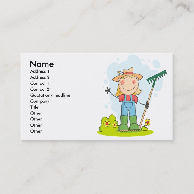 cute stick figure girl gardener farmer business card (Front)