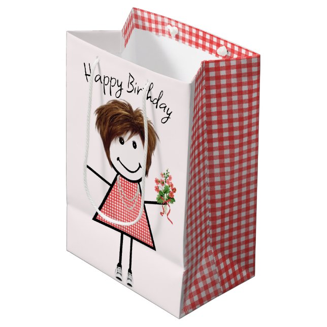 Cute Stick Figure Girl With Birthday Bouquet Medium Gift Bag (Front Angled)