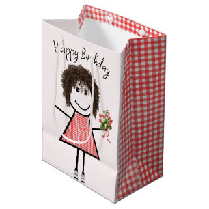 Cute Stick Figure Girl With Birthday Bouquet Medium Gift Bag