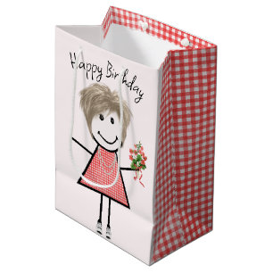 Cute Stick Figure Girl With Birthday Bouquet Medium Gift Bag