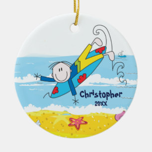 Cute Stick Figure Surfer Boy Christmas Ornament