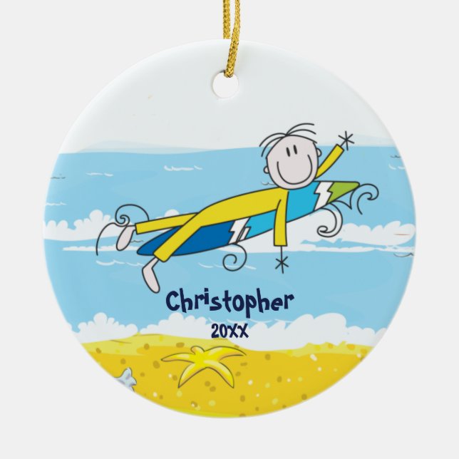 Cute Stick Figure Surfer Boy Christmas Ornament (Front)