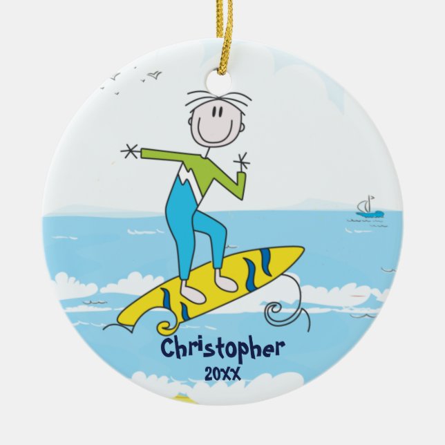 Cute Stick Figure Surfer Boy Christmas Ornament (Front)