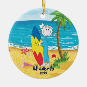 Cute Stick Figure Surfer Girl Christmas Ornament