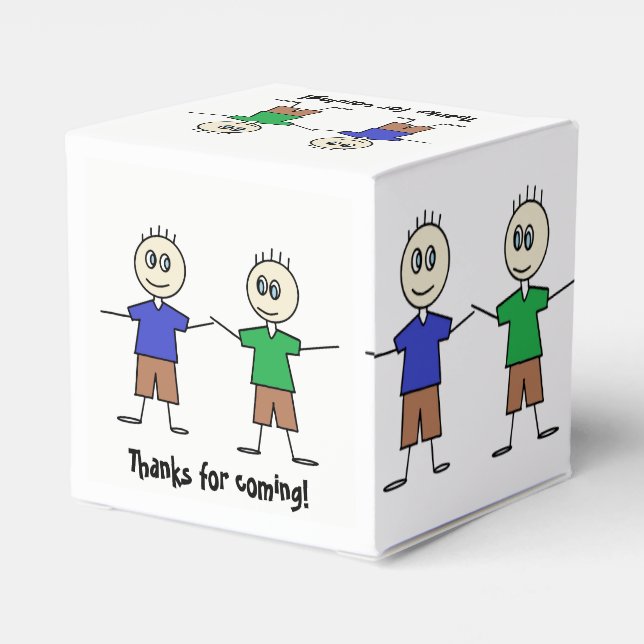 Cute Stick Figure Twin Boys Birthday Party Favour Box (Back Side)