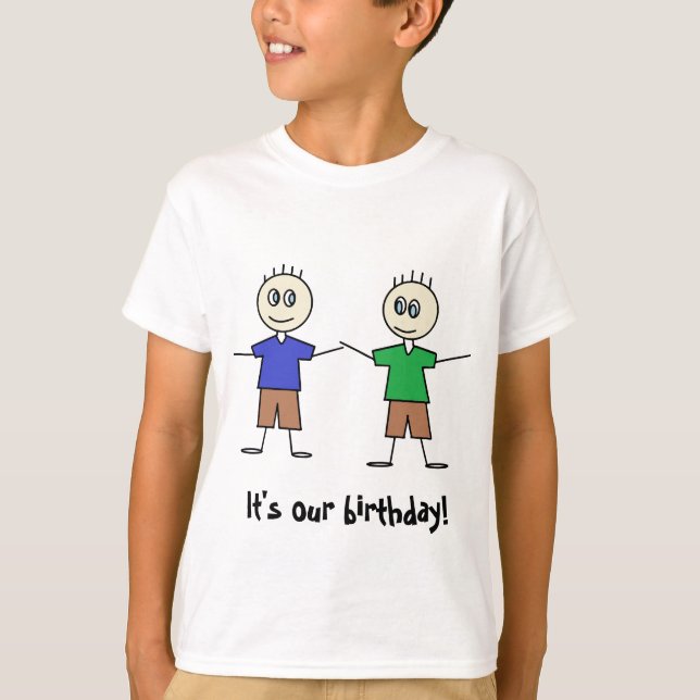 Cute Stick Figure Twin Boys Design Birthday T-Shirt (Front)