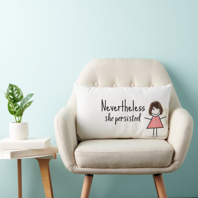 Cute Stick Girl in Gingham Dress with Quote   Lumbar Cushion (Chair)