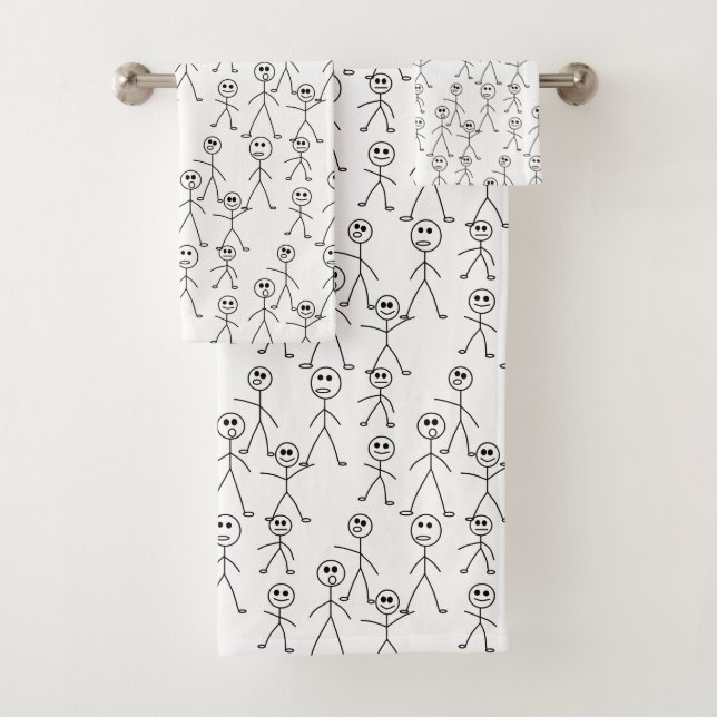 Cute Stick Man Figures Black and White Bath Towel Set (Insitu)