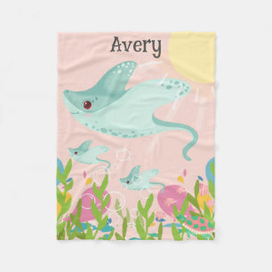 Cute stingray with babies in ocean scene, fleece blanket