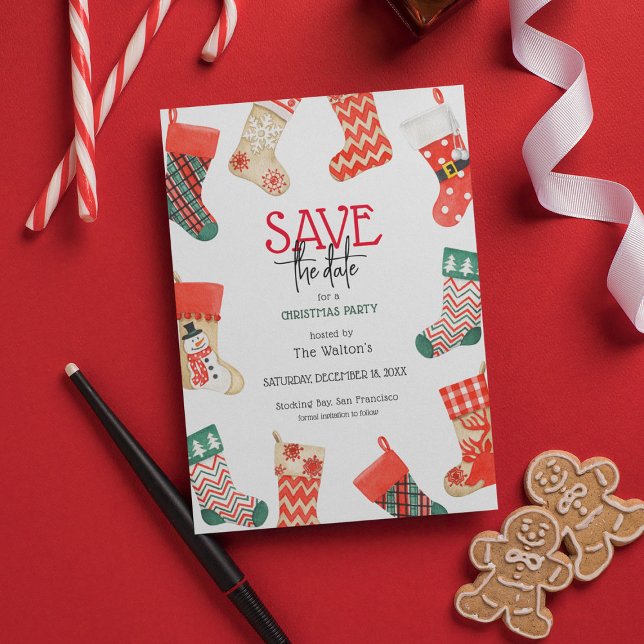 Cute Stocking Christmas Party Save the Date Holiday Postcard (Creator Uploaded)