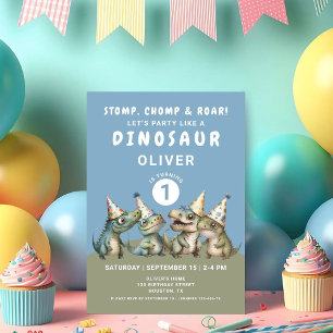Cute Stomp Chomp & Roar Dinosaur 1rst Birthday Invitation