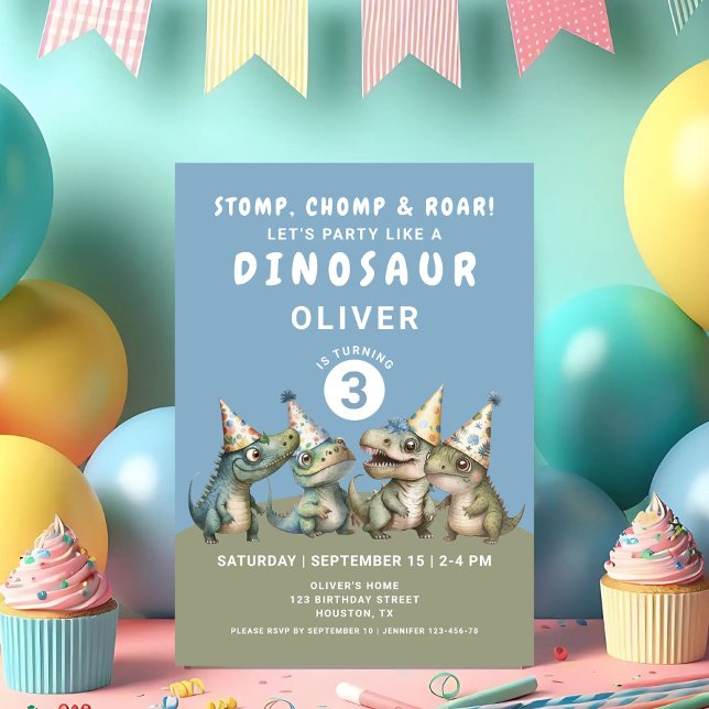 Cute Stomp, Chomp & Roar Dinosaur 3rd Birthday Invitation (Cute Stomp, Chomp & Roar Dinosaur 3rd Birthday Invitation)