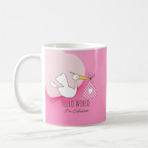 Cute Stork Baby Boy Hello World Sebastian Pink Mug