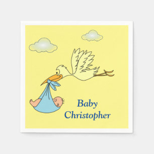 Cute Stork Baby Boy Shower Name Blue Yellow Napkin