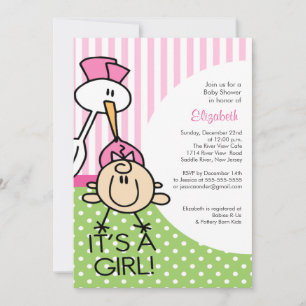 Cute Stork Baby Girl Baby Shower Invitations