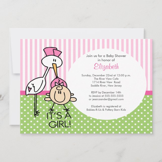 Cute Stork Baby Girl Baby Shower Invitations (Front)